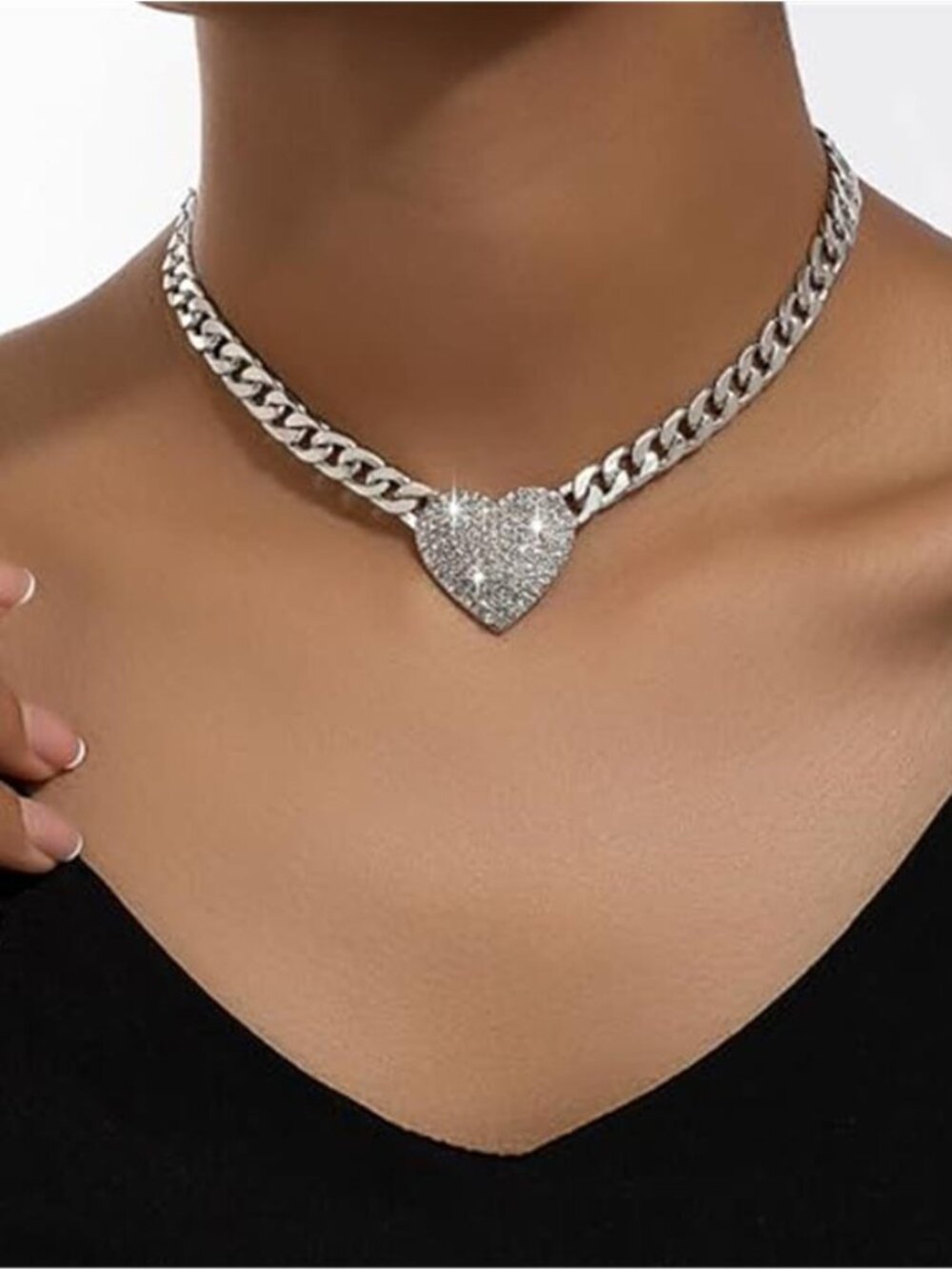 Silver Tone Rhinestone Heart Necklace Cuban Link Choker Statement
